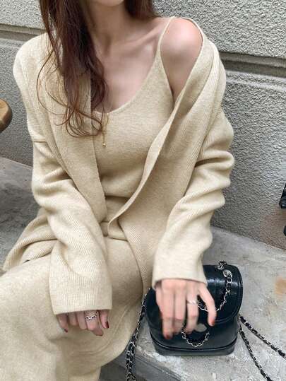 DAZY 2pcs Women V-Neck Camisole Dress & Loose Cardigan Sweater Set