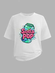 Sparklyn Bộ áo thun tay ngắn in họa tiết Soda Pop cho bé gái + quần short bó, thời trang thường ngày, phù hợp cho mùa xuân và mùa hè - trắng - Xem 4