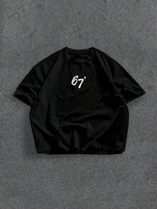 Manfinity ZONE917 ZONE917 宽松街头风白色数字 67 印花黑色短袖 T 恤 - 黑色 - 查看 5