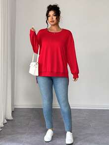 Elenzga Plus Size Bow Decor Split Hem Sweatshirt,  Day - Red - View 3