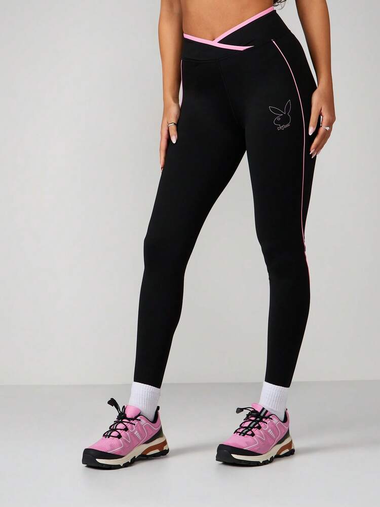 Missguided x Playboy High Rise Sports Leggings With Pink Contrast Piping Details And Bunny Logo Print