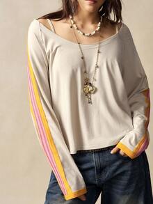 Bohemela 休闲针织撞色插肩袖长袖圆领宽松露背女式T恤 - 彩色 - 查看 4