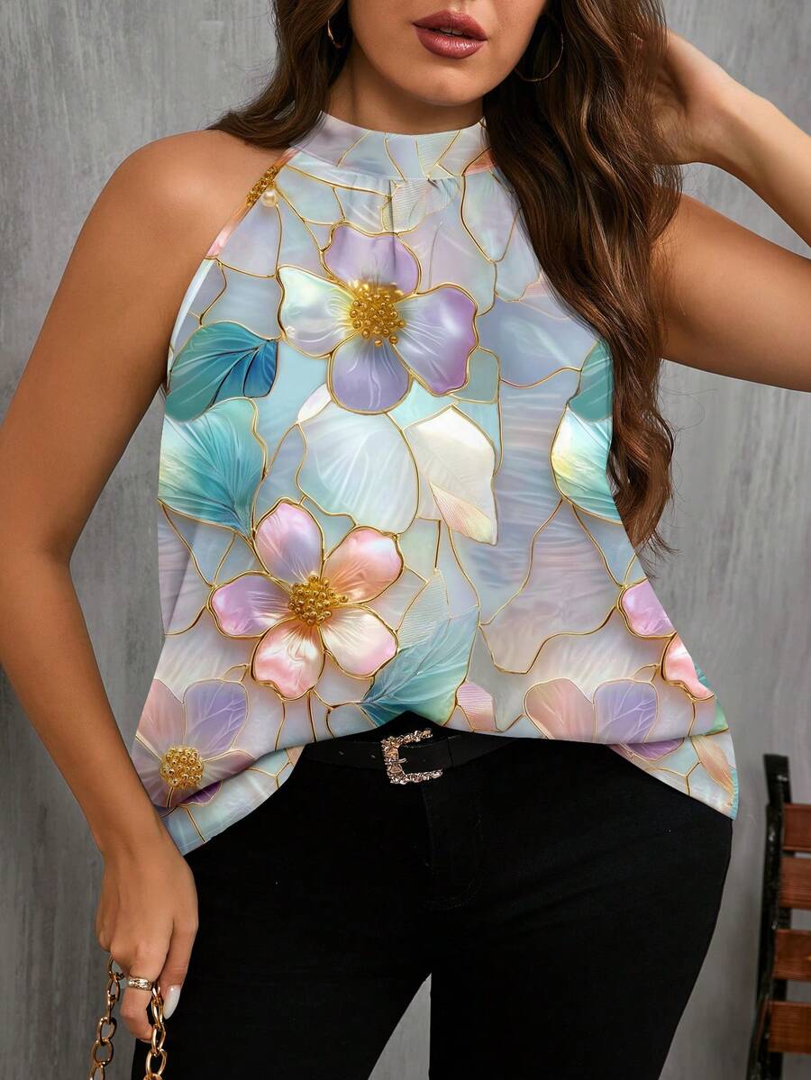 SHEIN Clasi Áo sơ mi hở vai thường ngày cỡ lớn cho nữ, họa tiết hoa nhuộm màu nước, phong cách mùa hè - Nhiều màu - Xem 1