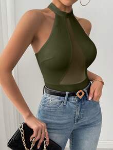Glamine Mesh Patchwork Halter Backless Sheer Bodysuit - Olive Green - View 3