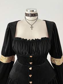 Sunspun Fashionable Square Collar Elastic Velvet Waist Dress - Black - View 3