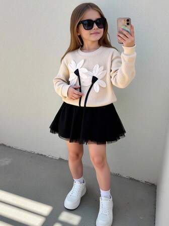 Elladie kids Set de 2 piezas de top de punto de manga larga y falda de malla para niñas pequeñas, suéter color albaricoque con decoración de flor blanca 3D, falda de tul negro, conjunto dulce y casual para juegos al aire ocio