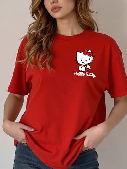 HELLO KITTY AND FRIENDS | SHEIN 红色休闲卡通图案印花宽松圆领短袖女式 T 恤，适合夏季
