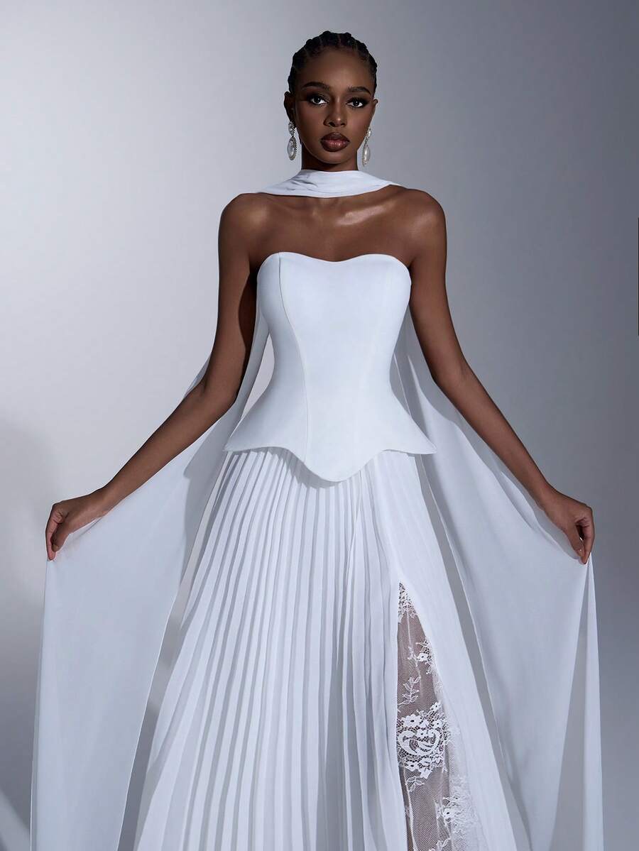 Elitara 优雅奢华蕾丝拼接弹力针织雪纺褶皱性感无肩带高开衩长裙，配有挂脖和垂坠亮片，适合婚礼、派对、蜜月、舞会等场合。 - 米色 - 查看 1