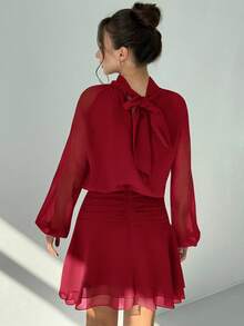 Aloruh Women's Elegant Commuter Solid Color Lantern Sleeve Mini Dress High Neck Dress - Burgundy - View 2