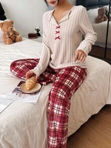 SHEIN 两件套女士睡衣套装：罗纹V领上衣和蓬松格子长裤，秋季家居服套装，睡衣，冬季居家服，舒适保暖 - 杏色 - 查看 8