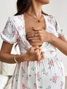 孕妇碎花印花撞色蕾丝泡泡袖哺乳连衣裙 - 白色 - 查看 7