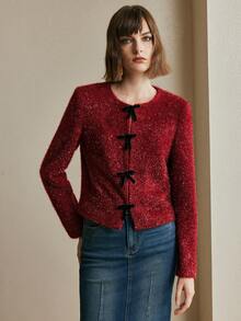 Arave Jaket Pesta Lengan Panjang Wanita Model Tweed dengan Detail Pita di Bahu dan Benang Emas Berkilau - Merah - View 4