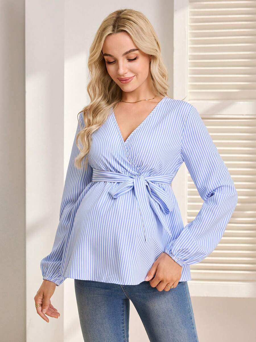SHEIN Maternity Loose V-Neck Long Sleeve Flared Striped Casual Shirt - Blue and White - View 1