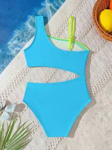 4-7岁女童连体泳衣，时尚撞色沙滩派对泳装