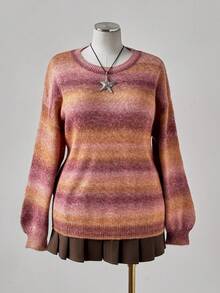 Sunspun Plus Size Women Ombre Striped Long Sleeve Pullover Sweater, Street Fashion, Autumn/Winter - Orange - View 5