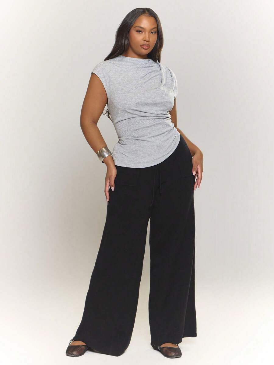 MUSERA Plus Knitted Large Pocket Detail Tie Waist Wide Leg Trousers Old Money Fall Back To School Autumn Winter Everyday  Work Office Winter  Chic