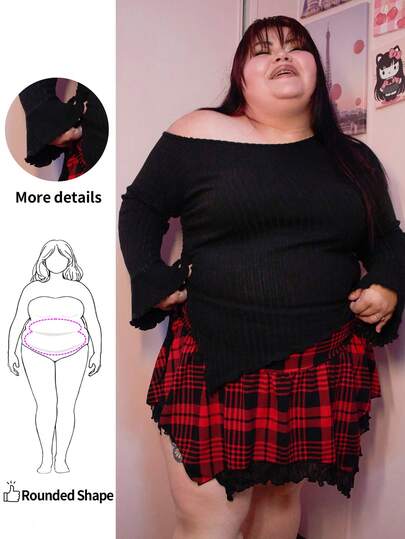 Enliva 大码女式黑色抽绳不对称下摆喇叭袖 T 恤、露肩 T 恤、秋季女装、舒适 T 恤