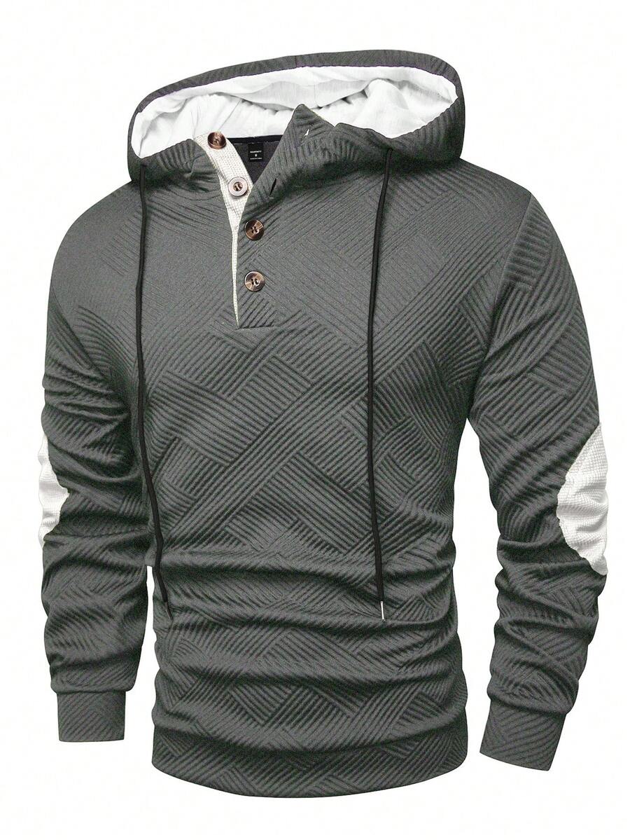 Manfinity Homme Hoodie Pria Kasual dengan Motif Patchwork Kontras Warna, Musim Gugur/Dingin - Dark Grey - View 1