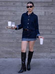 Conjunto de mujer de mezclilla azul oscuro con chaqueta de mezclilla de manga larga y falda con dobladillo plegado, nuevo estilo coreano casual de oficina para otoño e invierno, estilo Ins, abrigo de otoño de 2 piezas, conjunto de mezclilla para mujer - Azul lavado oscuro - Ver 5