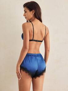 Charlaine Women's Contrast Lace Patchwork Spaghetti Strap Bow Decor Sexy Lingerie Set - Navy Blue - View 2