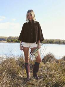 Aralina Áo denim dáng rộng, đơn hàng khuy, có túi, tay áo 3/4 dành cho nữ - Màu nâu Sô-cô-la - Xem 4