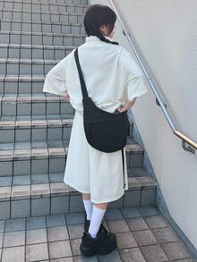 FRIFUL 女士运动条纹撞色纽扣短袖字母印花T恤和短裤套装，2件套家居服套装 - 白色 - 查看 7