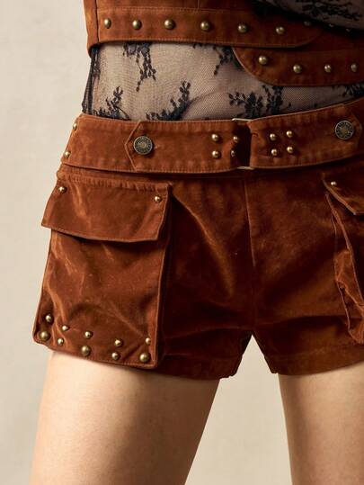 Bohemela Boho Autumn/Winter Outerwear, Women's Casual Solid Brown Color Woven Fitted Shorts With Vintage Studded Detail, Western Country Style Concert Party, Suitable For Beach Vacation & Daily Wear & Back To School & Going Out & Party, Christmas, New Year