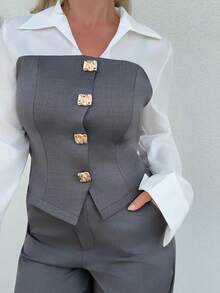 Jeta Ari Casual And Elegant Apricot Imitation Linen Patchwork Shirt And Loose Straight Suit Pants Two Pieces Suit For Women / Fall Women Clothes / Commuting Wear / Teacher Clothing / Back To School Season / Old Money / Business Casual Woman / Office Attire For Women - Grey - View 4