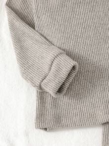 Weich & bequemes Rippstrick-Set für Kleinkind Mädchen in Vintage-Grau, süßer Peter-Pan-Kragen, Patchwork-Rüschensaum, Rücken-Schlüsselloch, Langarm-Top & lässige, einfache Hose als 2 Stücke Loungewear-Anzug - Grau - Übersicht 4