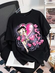 Betty Boop x SHEIN Women's Casual Everyday Commute Fashion Street Cartoon Figure, Heart & Letter Chain Print Loose Fit Black T-Shirt, Summer - Black - View 1