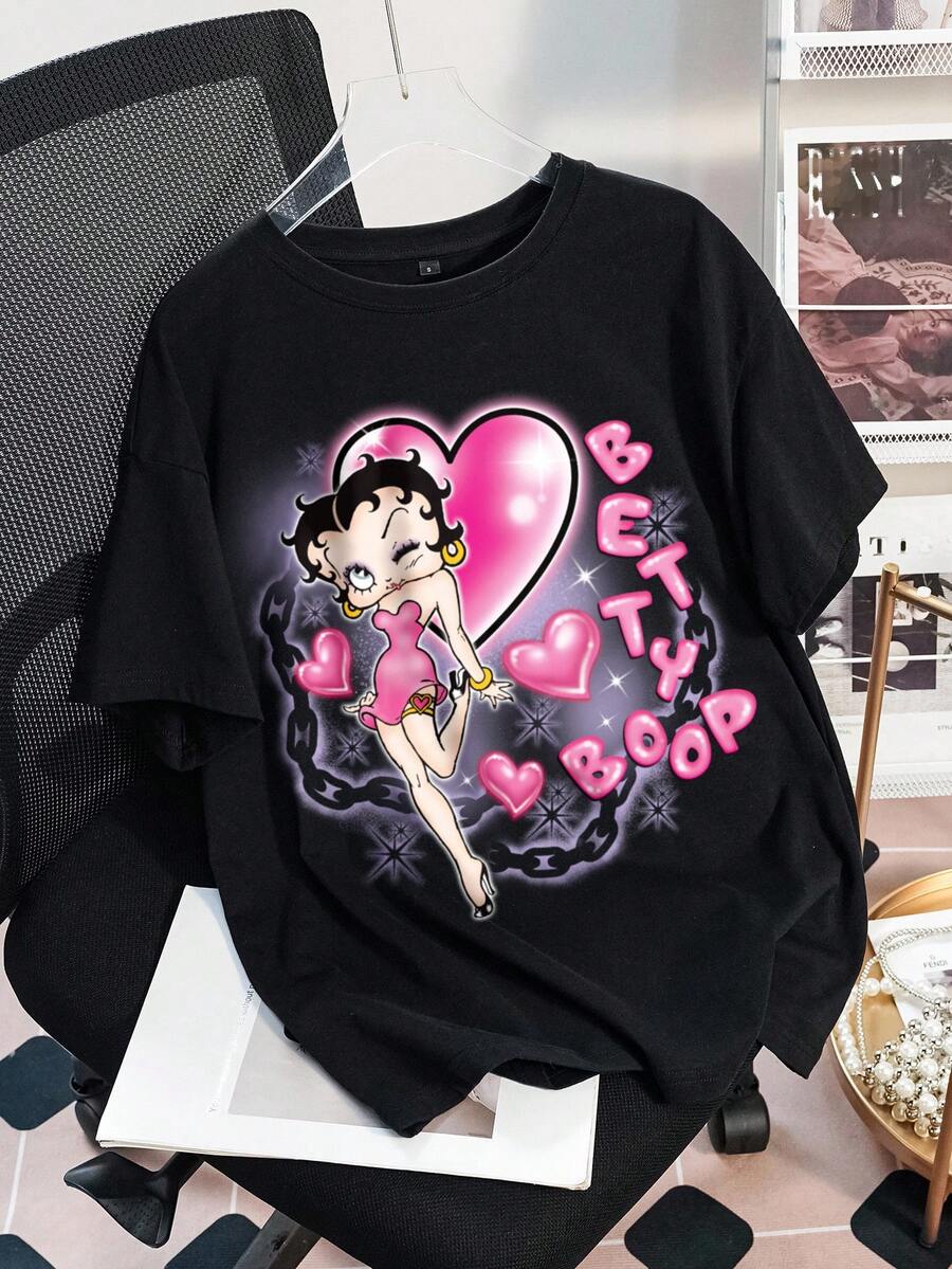 Betty Boop x SHEIN Women's Casual Everyday Commute Fashion Street Cartoon Figure, Heart & Letter Chain Print Loose Fit Black T-Shirt, Summer - Black - View 1