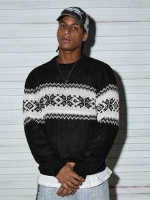 Modcrash 男士休闲百搭格子圣诞嵌花针织套头毛衣，适合春、秋、冬三季穿着。 - 黑色 - 查看 7