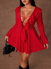 Rustia Valentine Sexy Ruffle Tie Strap Bodycon Mini Dress, Unique Design, Slimming Fit, Long Sleeve, Vacation Style - Red - View 8