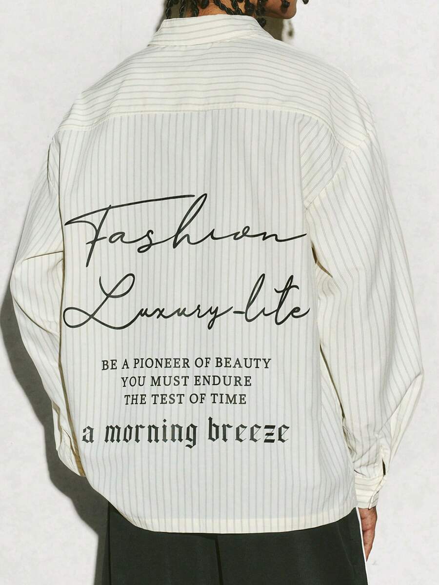 PAVTROS 男士标语条纹落肩长袖单排扣休闲宽松衬衫 - 白色 - 查看 1