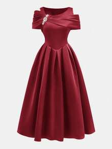 Pitira Váy dự tiệc satin đỏ nữ tính cho bé gái, nút đính đá kim loại tinh tế, váy chữ A xẻ tà xếp ly một bên vai, váy cưới trang trọng thanh lịch, váy phù dâu - Đỏ - Xem 5