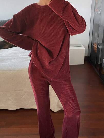 Women's Casual Solid Color Top And Pants 2 Pieces Set, Autumn/Winter