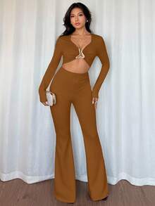 Chiquease Sexy Women's Black High Stretch Jumpsuit With Front & Middle Metal Decor Buckle, Casual European & American Style - Camel - View 6