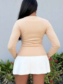 Alexandranx Atasan Lengan Panjang Bergaris dengan Kancing Depan dan Kerah Bulat, Kasual untuk Liburan Musim Semi, Liburan Bandara, Liburan Musim Gugur, Musim Dingin, Natal, Elegan - Aprikot - View 2