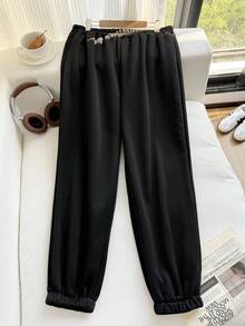 Comfortcana 加大碼實色彈性腰黑色運動長褲