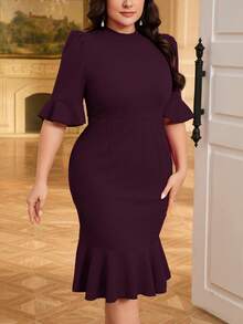 SHEIN Privé Plus Size Women's Spring/Summer Casual Elegant Office Commute Knowledgeable Puff Sleeve Bodycon A-Line Mid-Thigh Dress,Formal Dresses For Women - Brown - View 1