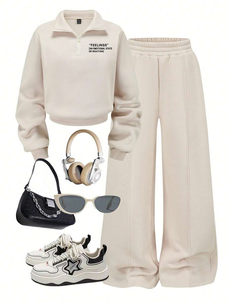 SHEIN Autumn/Winter Women's Casual Fashion Creative Personalized Fresh Minimalist Label Graphic Letter Print Crew Neck Half Zip Sweatshirt And Straight Leg Pants 2 Piece Cozy Fall & Winter Outfit - Khaki - View 1