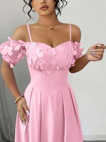 Elenzga 大码缀饰细肩带心形领口蝴蝶3D花朵收腰短袖A字连衣裙，紫色和薰衣草色，优雅法式风格 - 粉色 - 查看 4