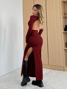 SHEIN EZwear 女士酒红色纯色休闲高开衩长袖露背长裙，性感修身高领街头风长裙，适合圣诞节、情人节穿着 - 酒紅色 - 查看 2