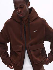 SUMWON Brown Full Zip Hoodie With Drawstring Hood Front Pockets Long Sleeve Casual Outerwear Fall Winter Plain - Brown - View 4