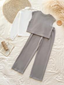 Vintaside Kids Bộ áo ba lỗ cổ chữ V không tay đơn giản, thường ngày cho bé gái tuổi teen mùa thu & áo sơ mi dài tay thời trang thường ngày & quần dài đa năng đơn giản, thích hợp cho các hoạt động giải trí tại nhà và ngoài trời hoặc kỳ nghỉ - Xám - Xem 2
