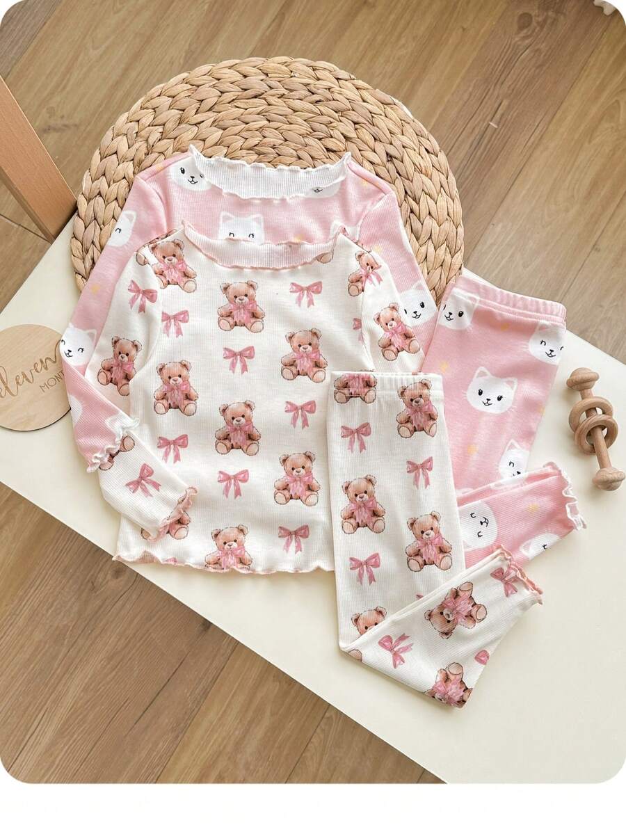 4pcs Baby Girl Cute Cat Pattern Ruffle Trim Round Neck Long Sleeve Top And Pants Soft Comfortable Homewear Pajama Set - Pink - View 1