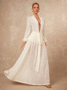 Lumalex 低调老钱锐舞节服装 正式低调老钱夏季泳装泳衣泳装度假优雅复活节波西米亚风 BOHO 海滩热门户外丰富层次婚礼季宴会成人礼海滩海边女士超长连衣裙,配有可拆卸打底裤、V 领、泡泡袖、褶皱腰身、金属扣和宽松连衣裙长款针织提花薄纱连衣裙杏色礼服杏色婚礼宾客连衣裙 Love And Lemonade 连衣裙杏色长款连衣裙春夏,春季女装 - 白色 - 查看 8