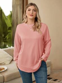 Rosumi Plus Size Casual Solid Color Crew Neck Sweatshirt, Women's Fall Clothes,Fall Clothes For Women, Casual Minimalist Style For Everyday Wear,Going Out,Spring - Pink - View 6