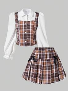 SHEIN Sparklyn 少女格子领拼接开衫，泡泡袖，搭配松紧腰百褶裙，春秋季学院风穿搭 - 彩色 - 查看 3