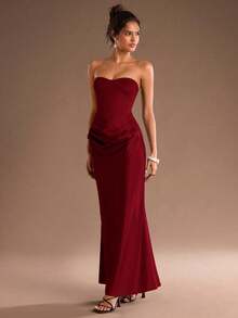 Glamine 纯色缎面拼接，优雅修身无肩带鱼尾连衣裙，适合新年、圣诞节、家庭聚餐等场合，展现年轻女士风范。